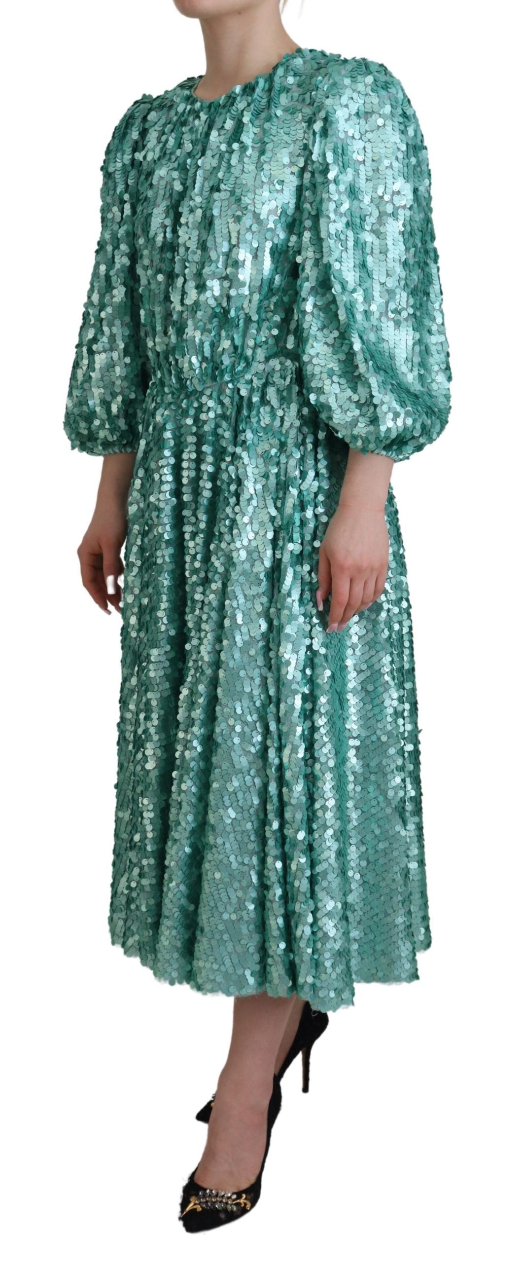 Dolce & Gabbana Blue Sequin Pleated A-line Midi Nylon Dress