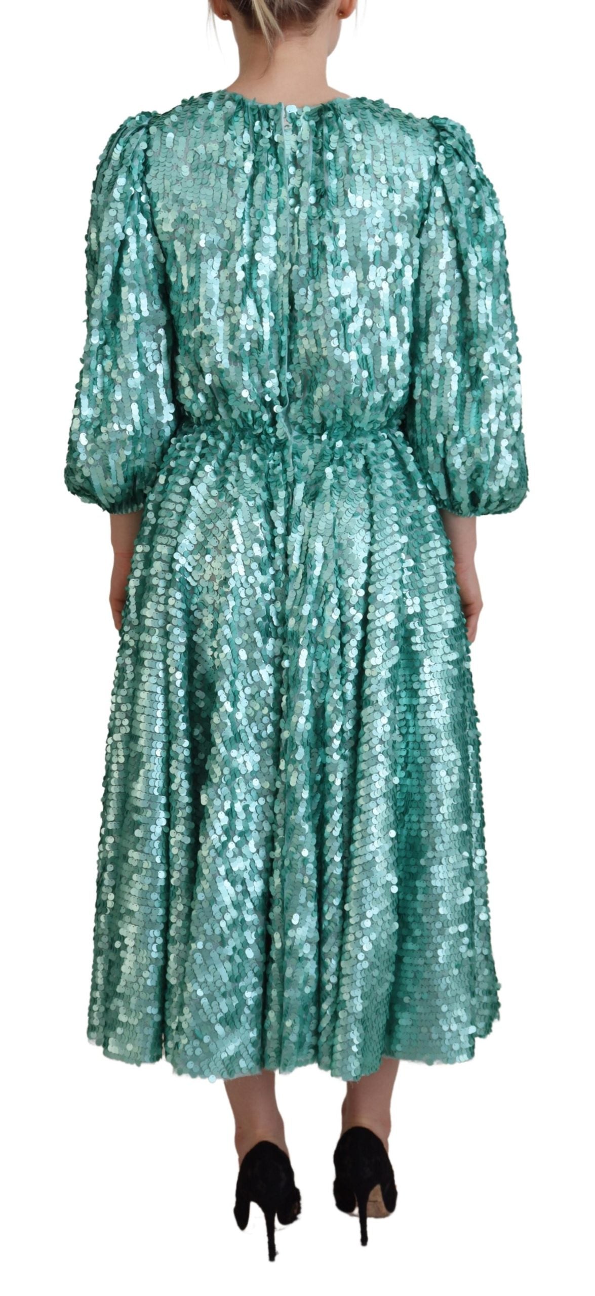Dolce & Gabbana Blue Sequin Pleated A-line Midi Nylon Dress