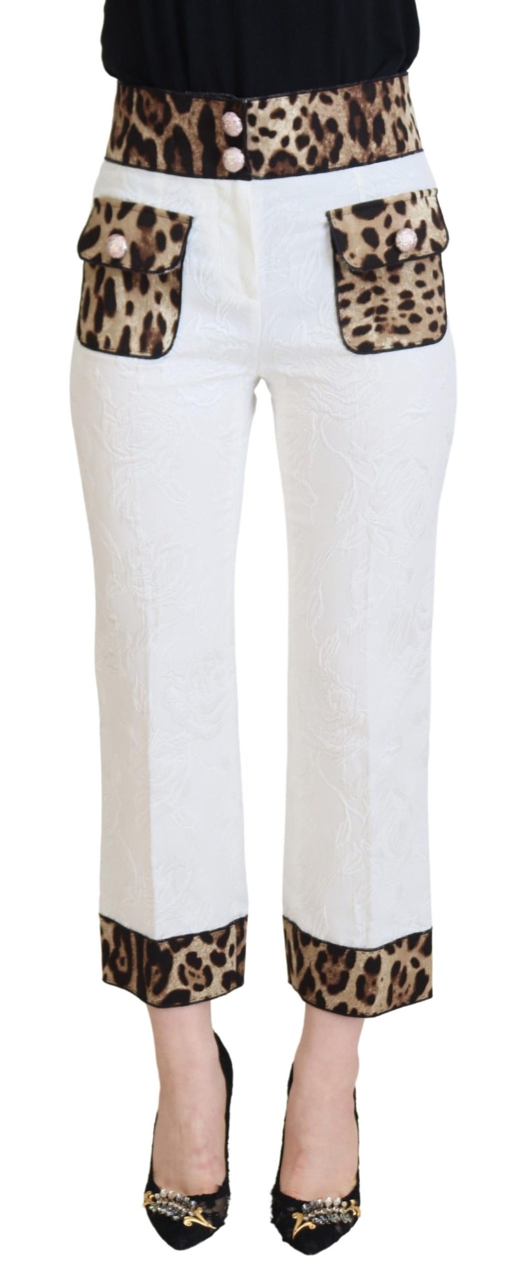 Dolce & Gabbana White High-Waisted Leopard Print Trousers