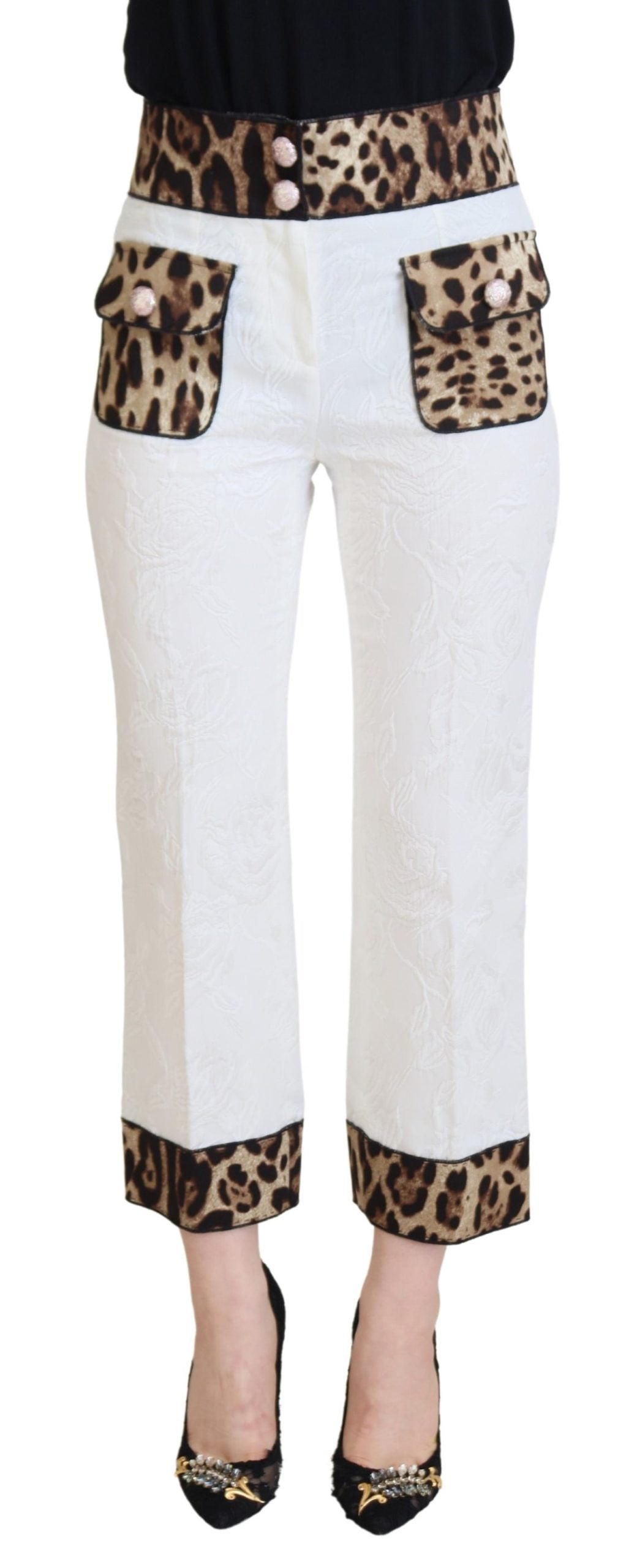 Dolce & Gabbana White High-Waisted Leopard Print Trousers