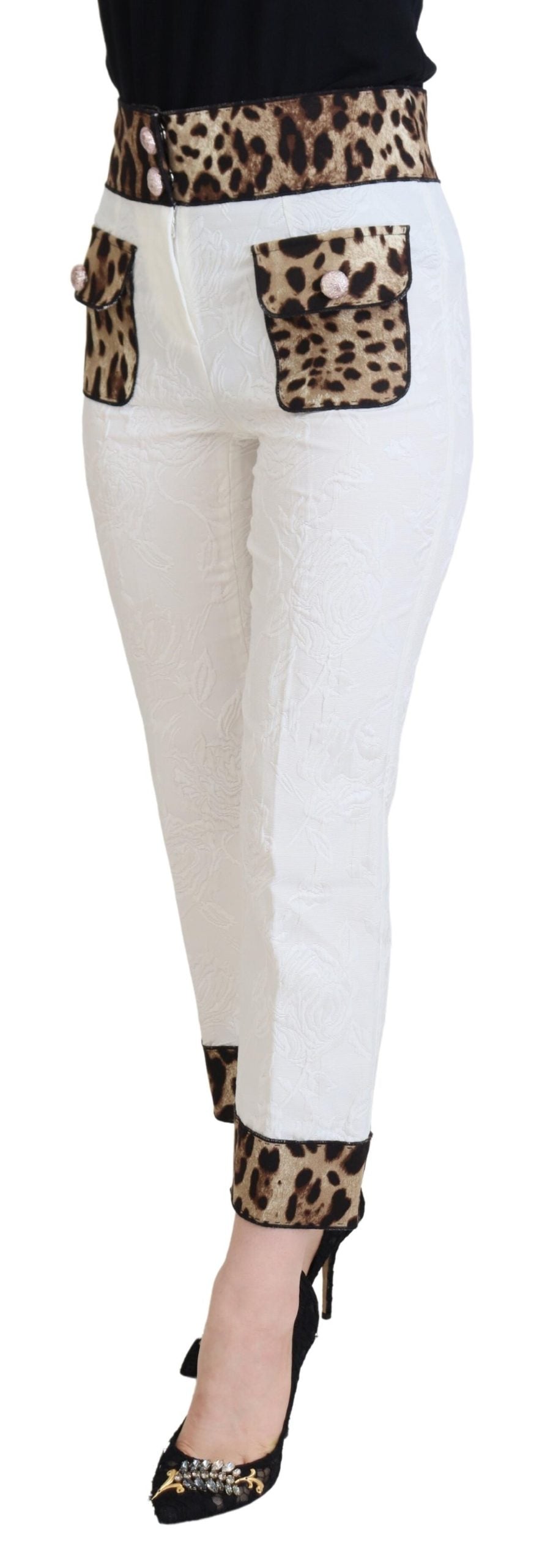Dolce & Gabbana White High-Waisted Leopard Print Trousers
