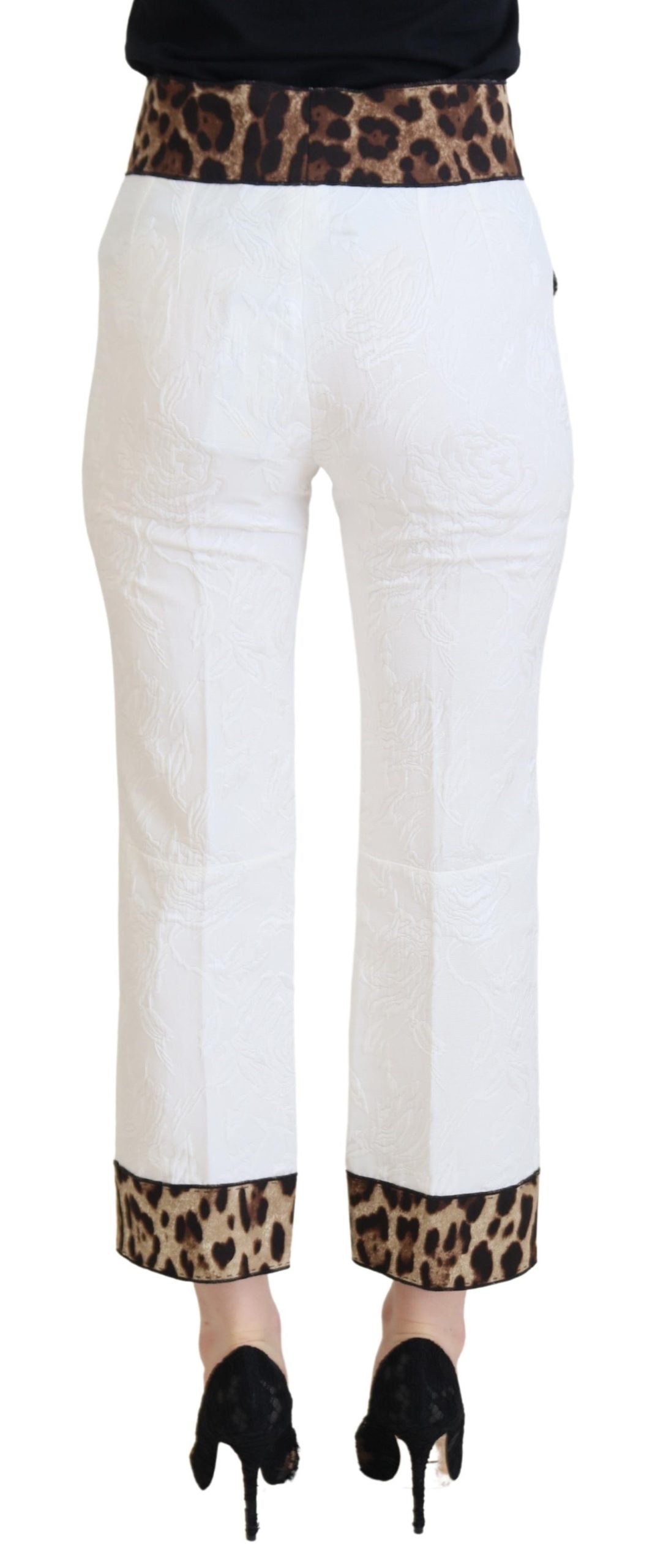 Dolce & Gabbana White High-Waisted Leopard Print Trousers