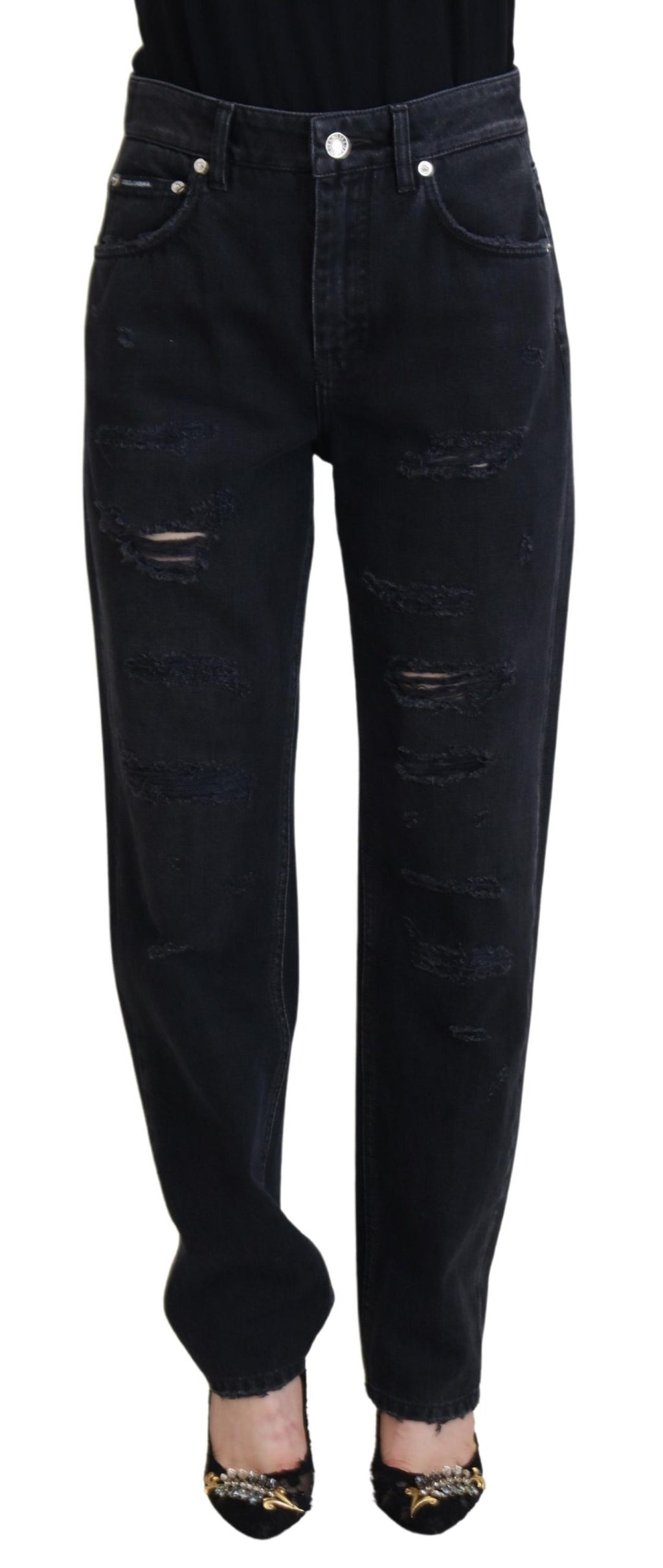 Dolce & Gabbana Schwarze zerfledderte Denim-Jeans mit hoher Taille aus Baumwolle