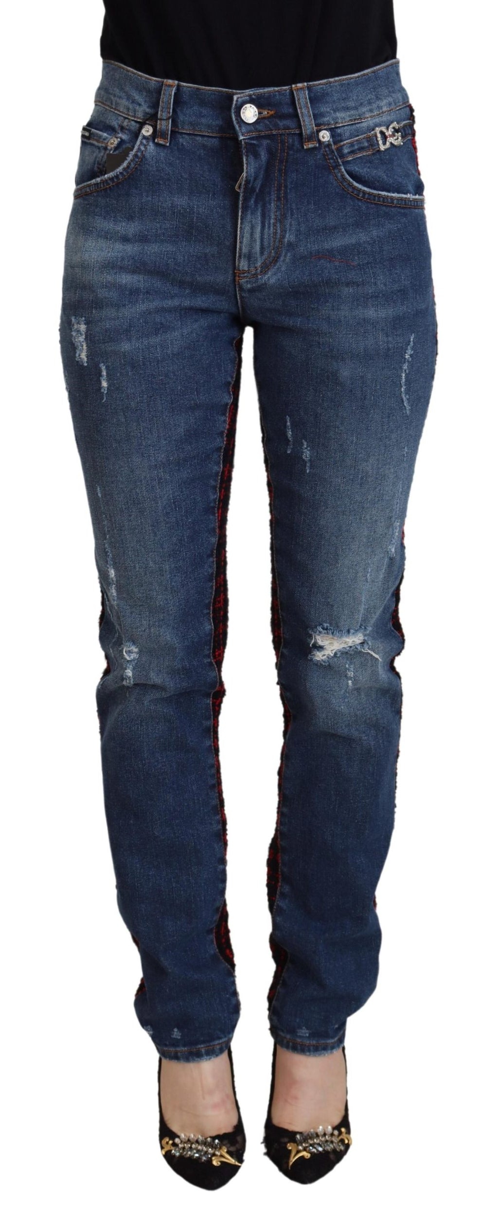 Dolce & Gabbana Blue Plaid Skinny Denim Jeans