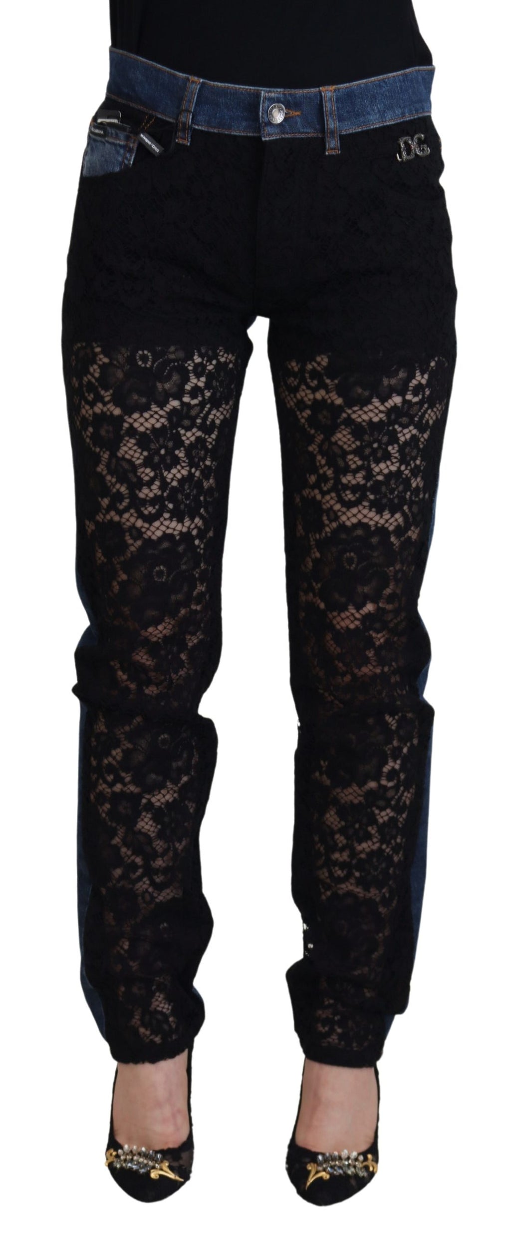 Dolce & Gabbana Schwarze florale Skinny Denim Jeans mit Spitze
