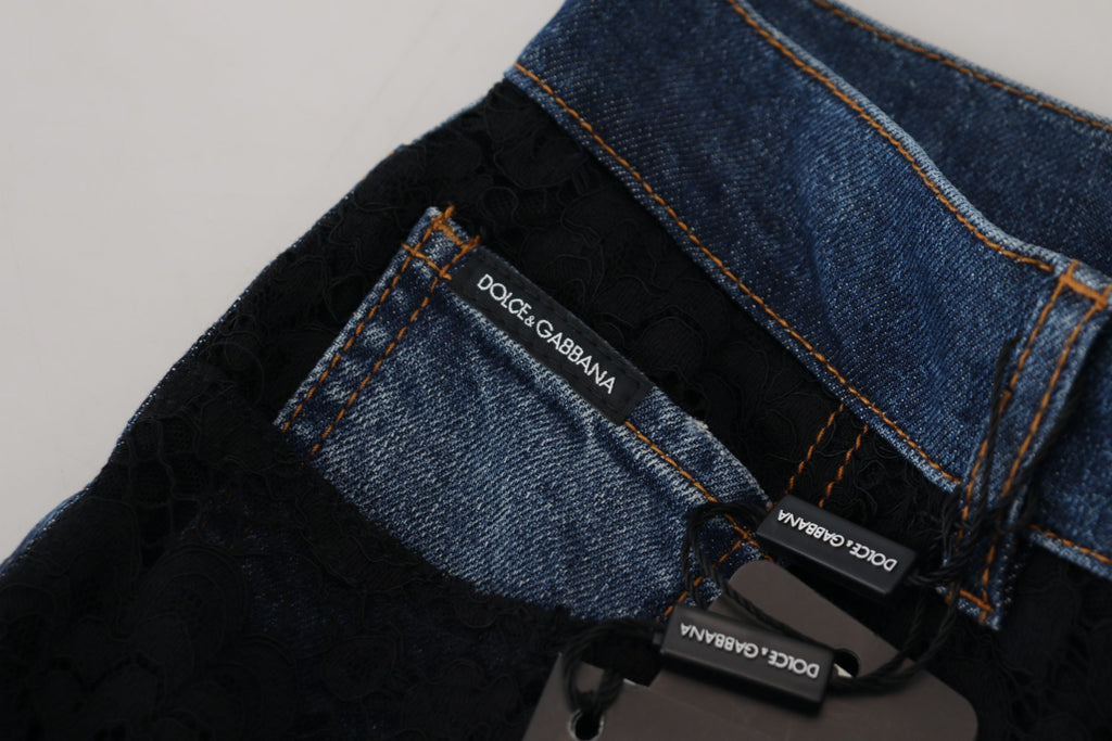 Dolce & Gabbana Schwarze florale Skinny Denim Jeans mit Spitze