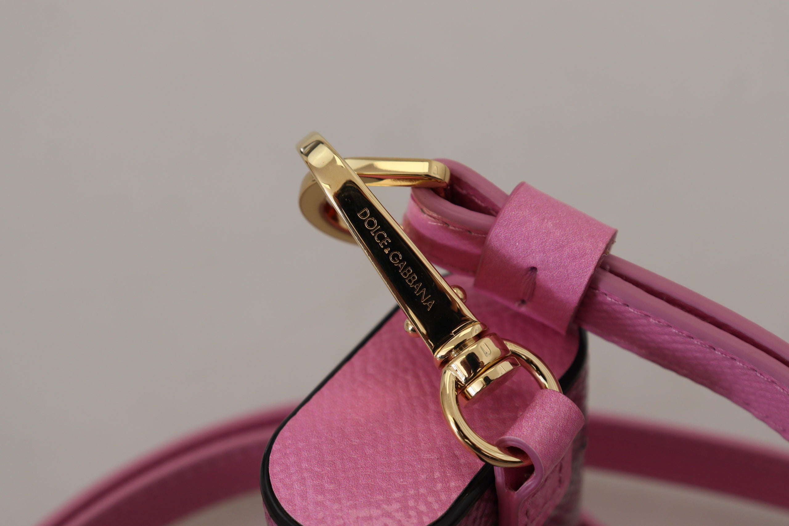 Dolce & Gabbana Pink Black Leather Strap Gold Metal Logo Airpods Case