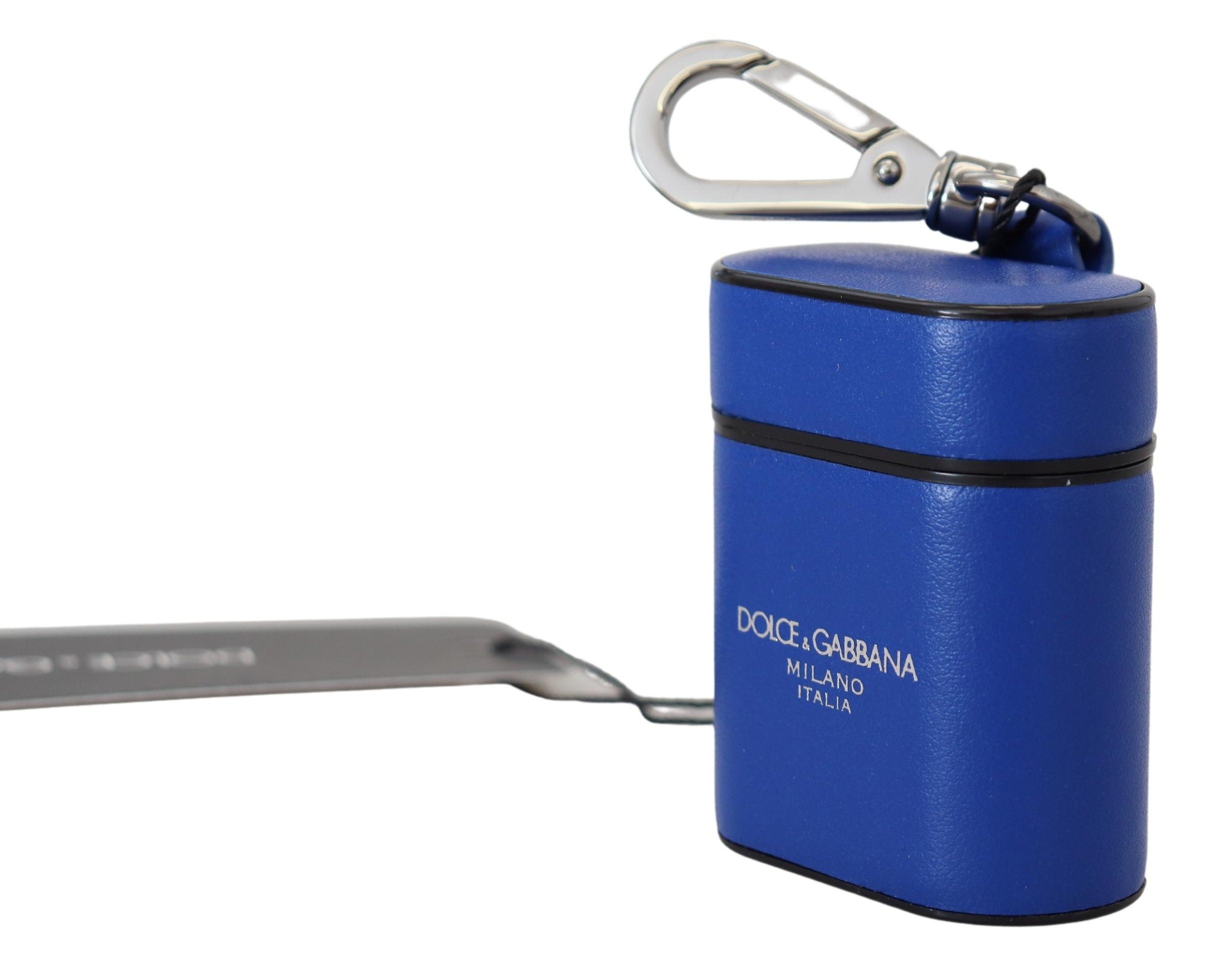Dolce & Gabbana Blaues Leder Silber Metall Logo Airpods Etui
