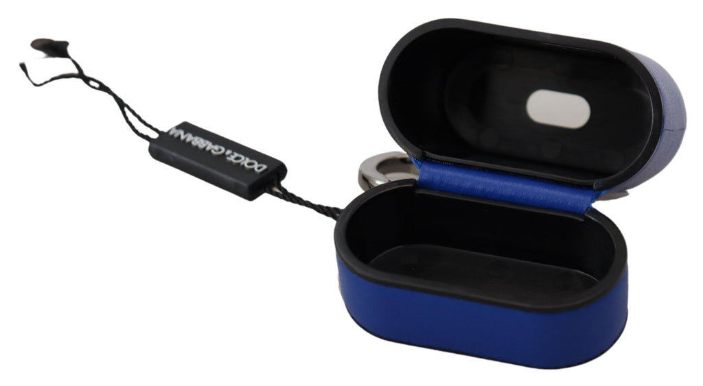 Dolce & Gabbana Blaues Leder Silber Metall Logo Airpods Etui