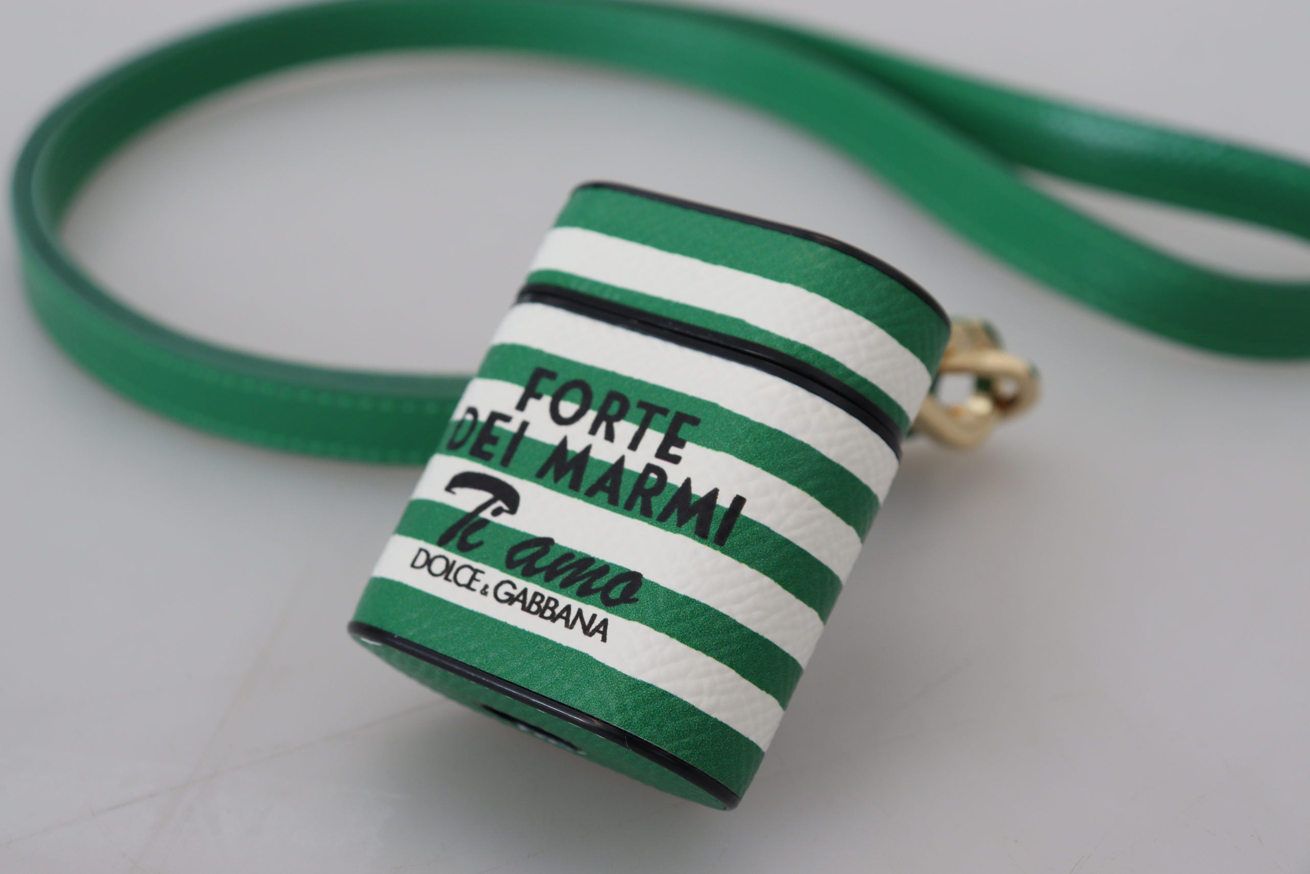 Dolce & Gabbana Green Leather Strap Gold Metal Logo Airpods Case