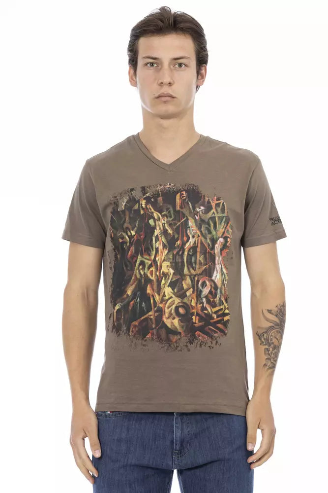 Trussardi Action Braunes Baumwoll-T-Shirt mit V-Ausschnitt für Herren