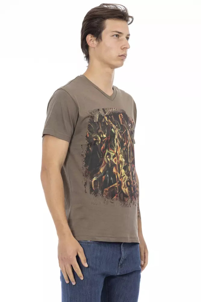 Trussardi Action Braunes Baumwoll-T-Shirt mit V-Ausschnitt für Herren
