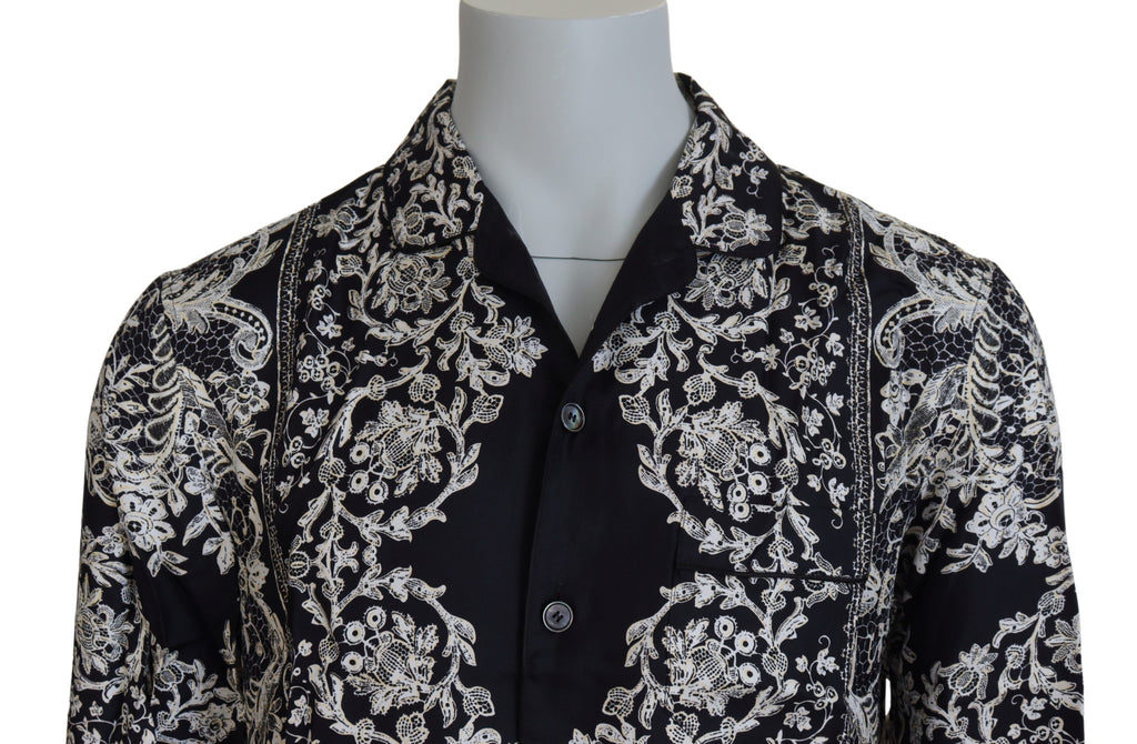 Dolce & Gabbana Blaues Seidenblumen Barock Satin Freizeithemd