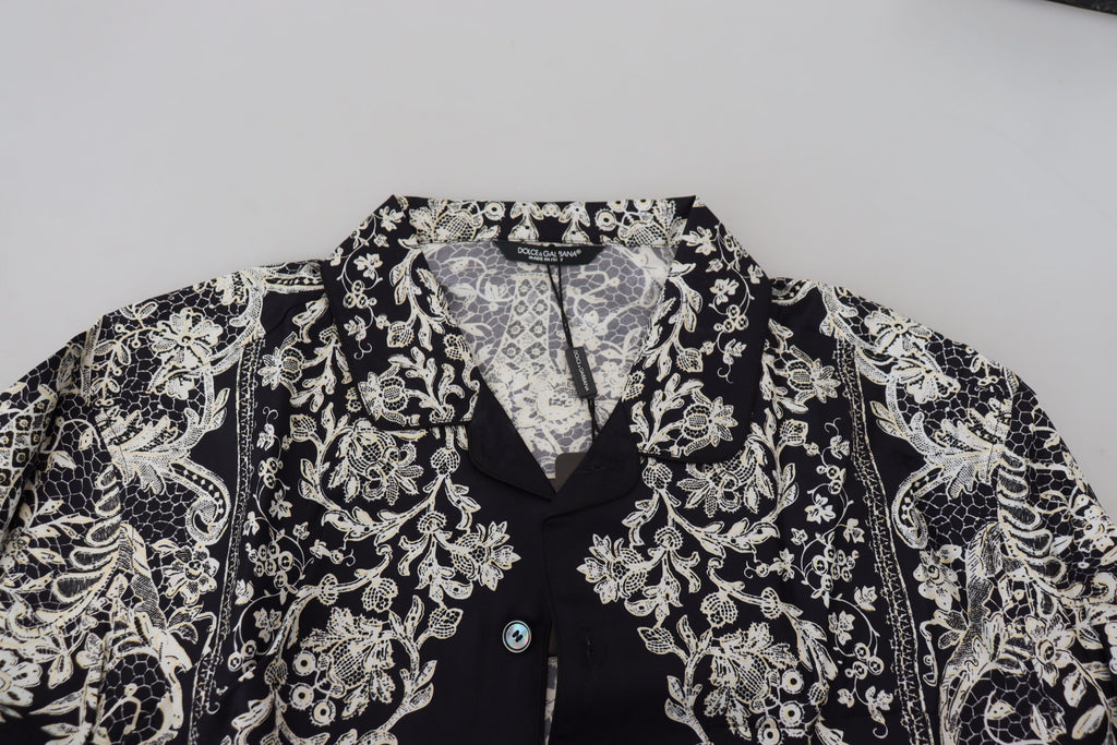 Dolce & Gabbana Blaues Seidenblumen Barock Satin Freizeithemd