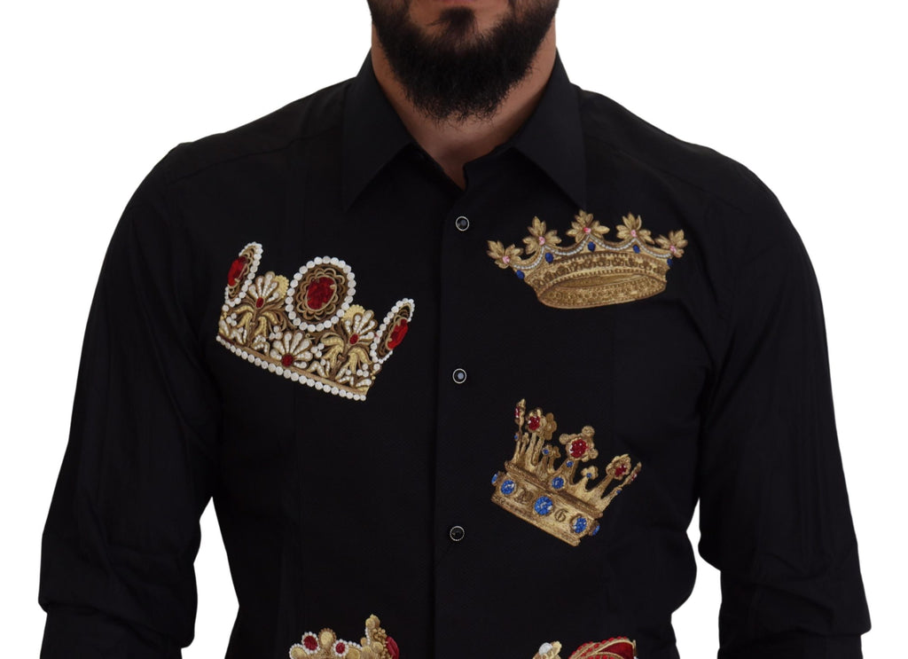 Dolce & Gabbana Schwarz-Gold-Krone Slim Fit Kleid Formales Hemd