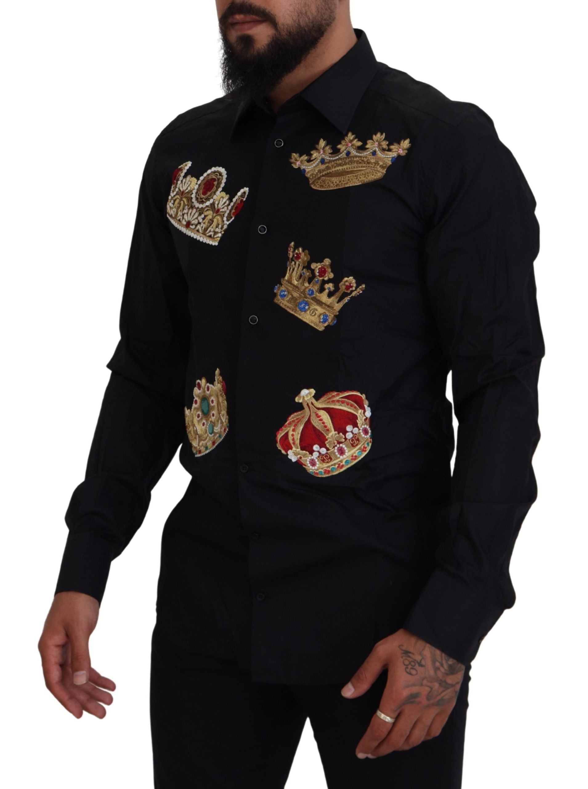 Dolce & Gabbana Schwarz-Gold-Krone Slim Fit Kleid Formales Hemd