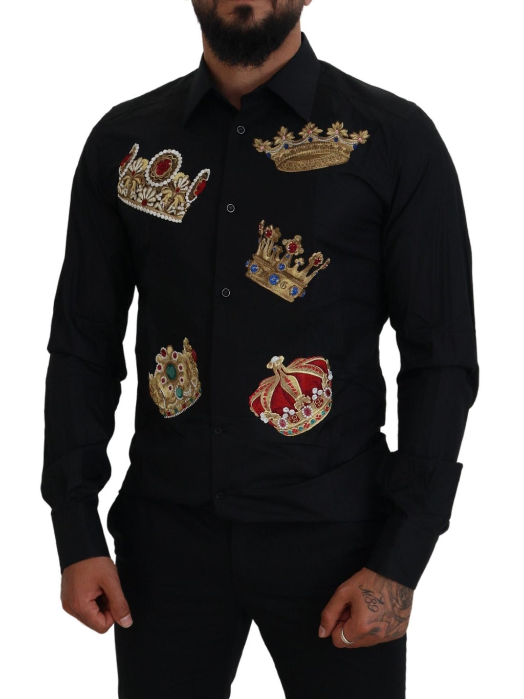 Dolce & Gabbana Schwarz-Gold-Krone Slim Fit Kleid Formales Hemd