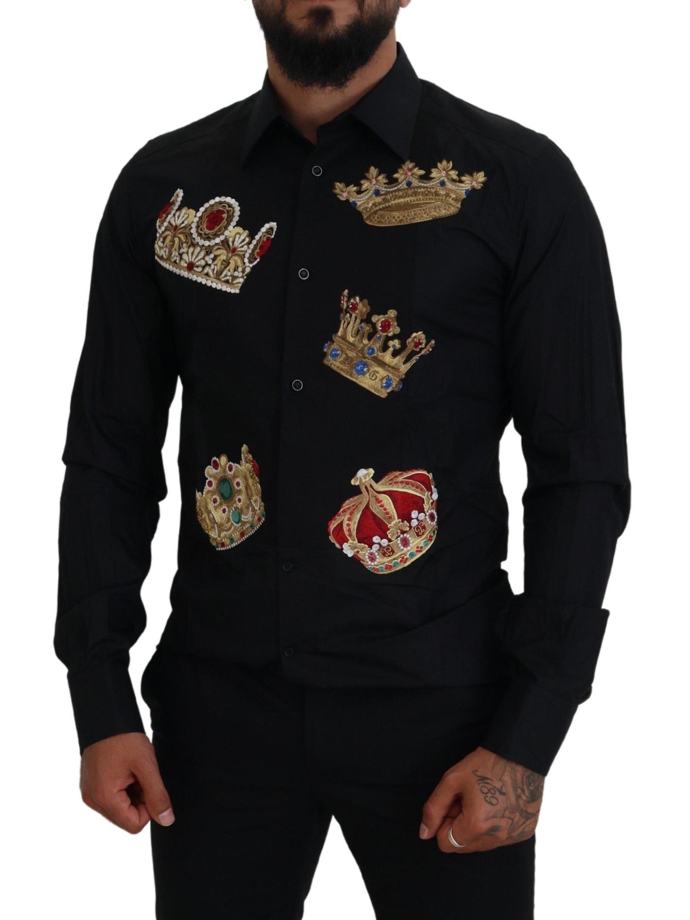 Dolce & Gabbana Schwarz-Gold-Krone Slim Fit Kleid Formales Hemd