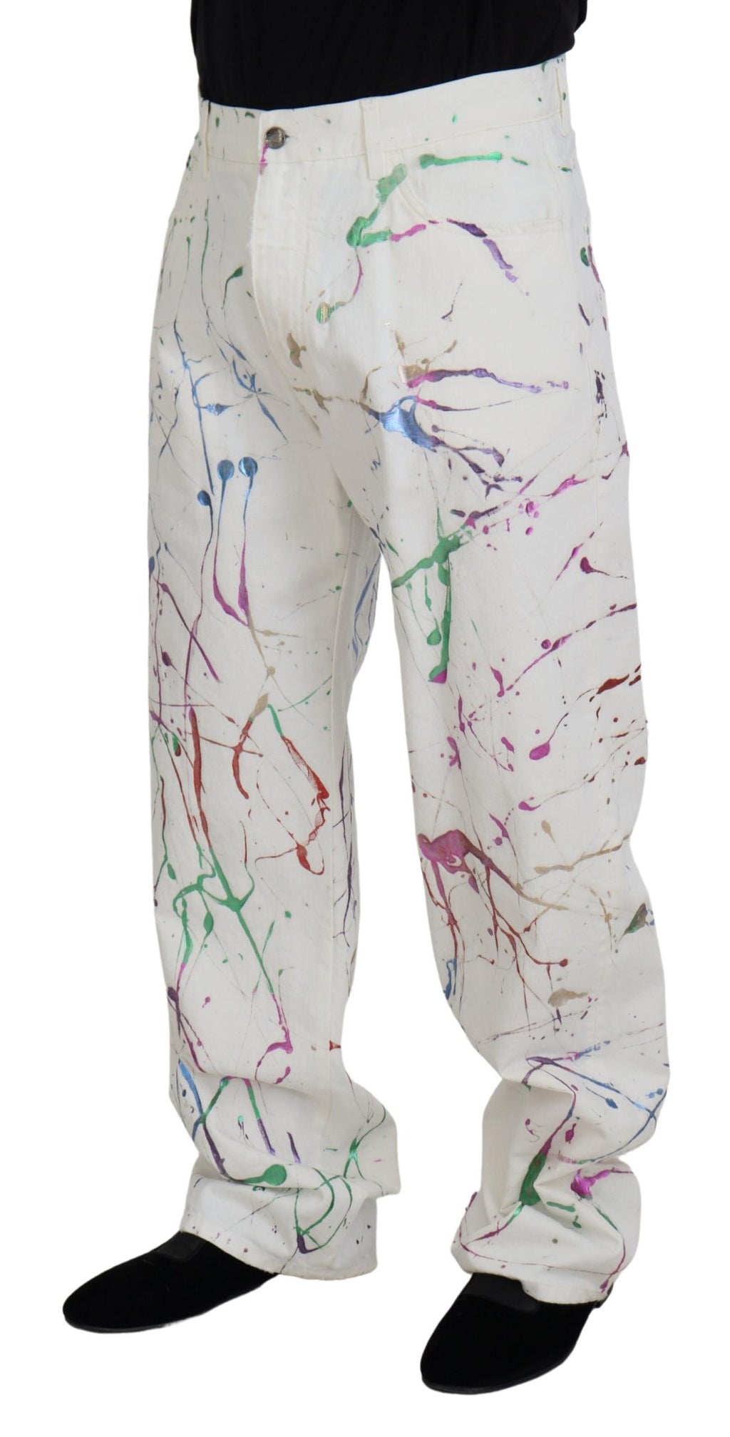 Dolce & Gabbana Weiße Denim-Hose aus Baumwolle mit Farbklecks-Druck