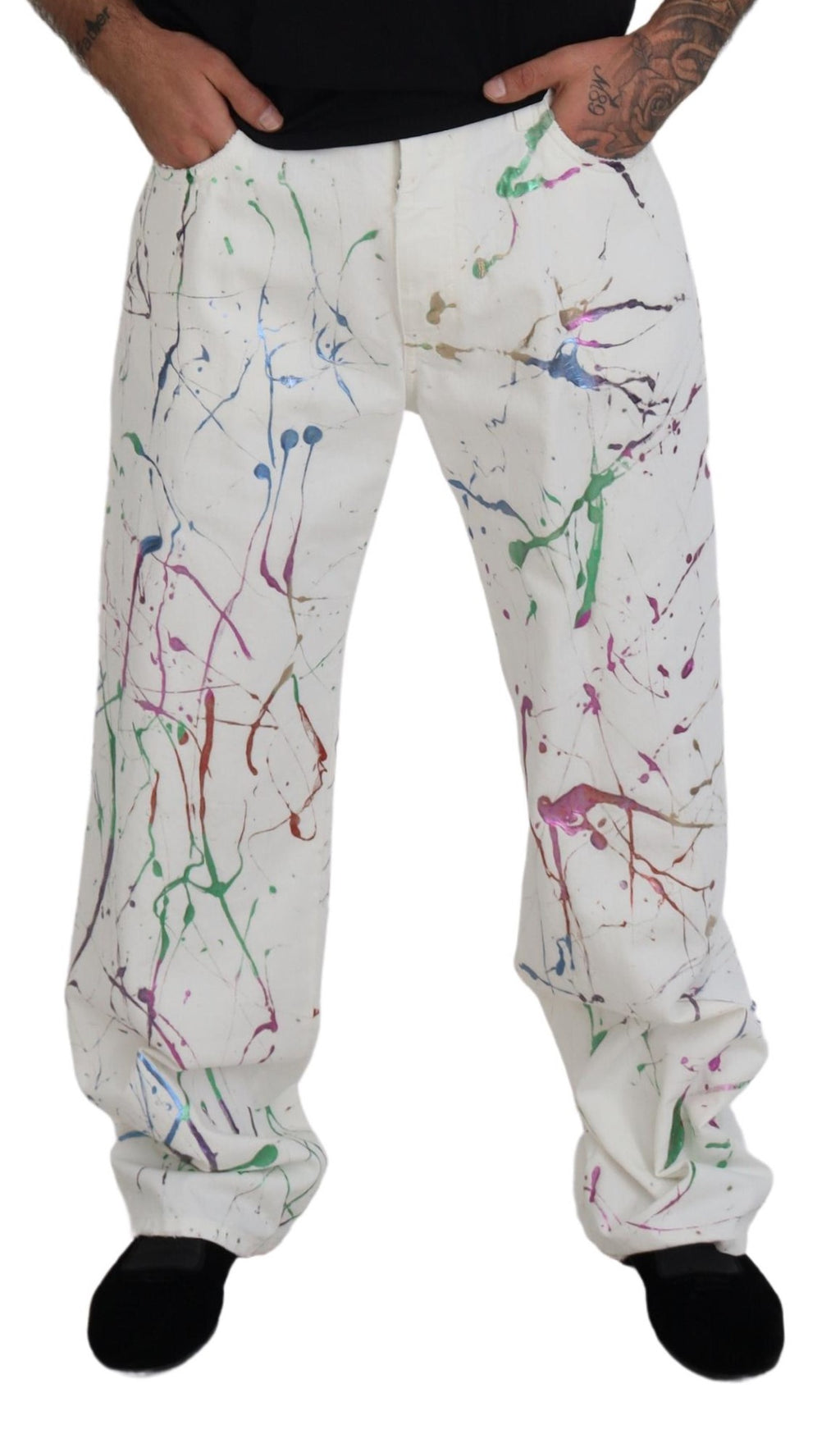 Dolce & Gabbana Weiße Denim-Hose aus Baumwolle mit Farbklecks-Druck