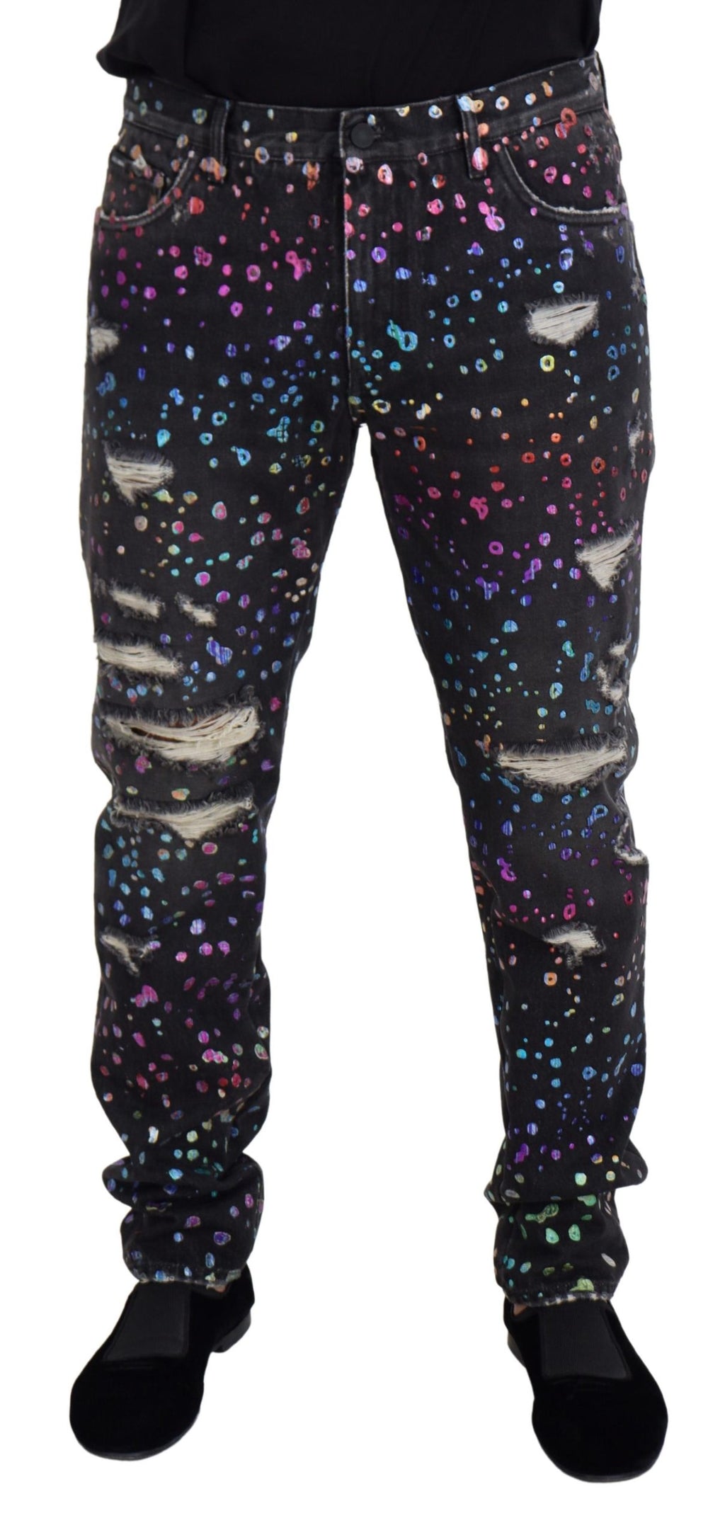 Dolce & Gabbana Schwarze Multicolor Print Zerrissene Denim Jeans