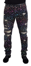 Dolce & Gabbana Schwarze Multicolor Print Zerrissene Denim Jeans