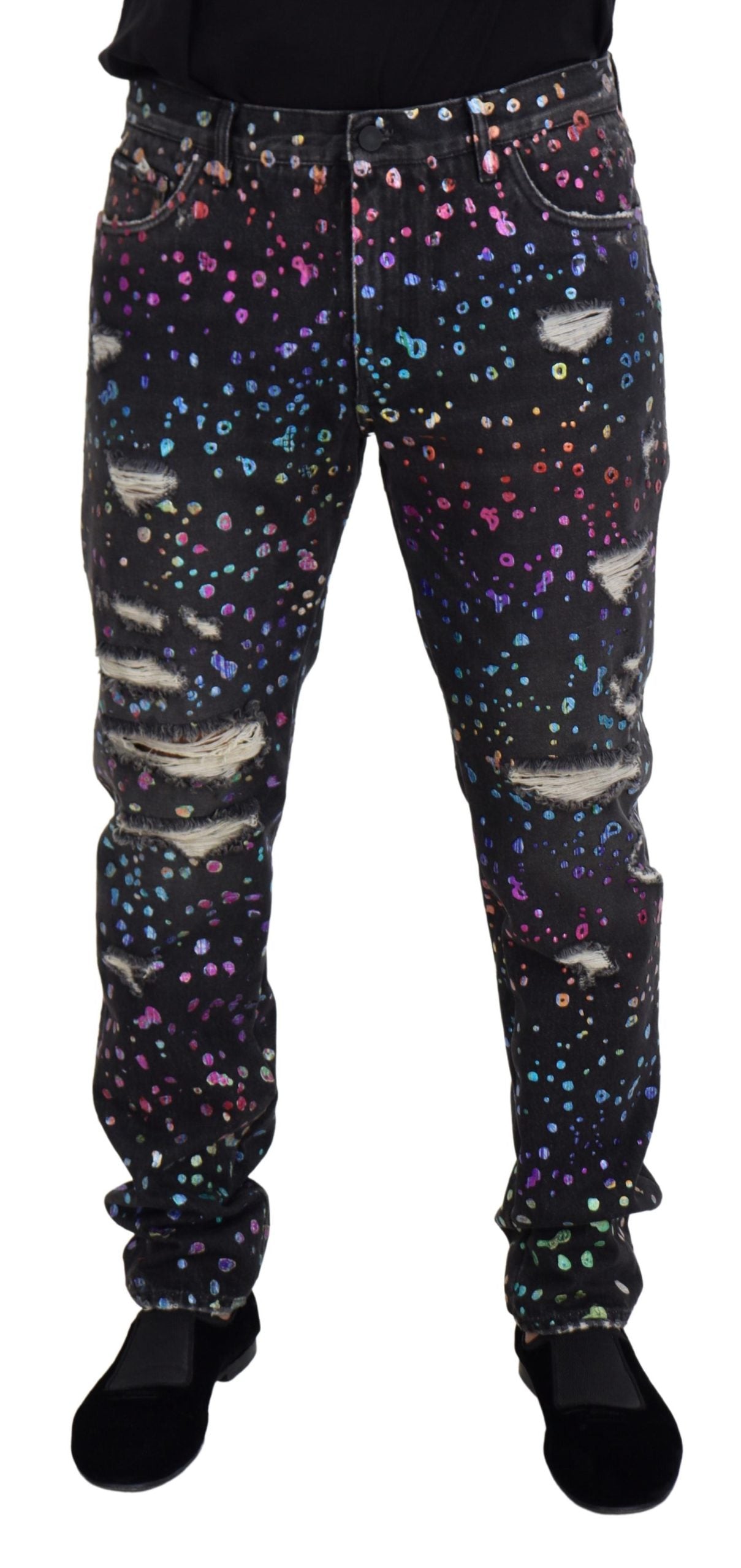 Dolce & Gabbana Schwarze Multicolor Print Zerrissene Denim Jeans