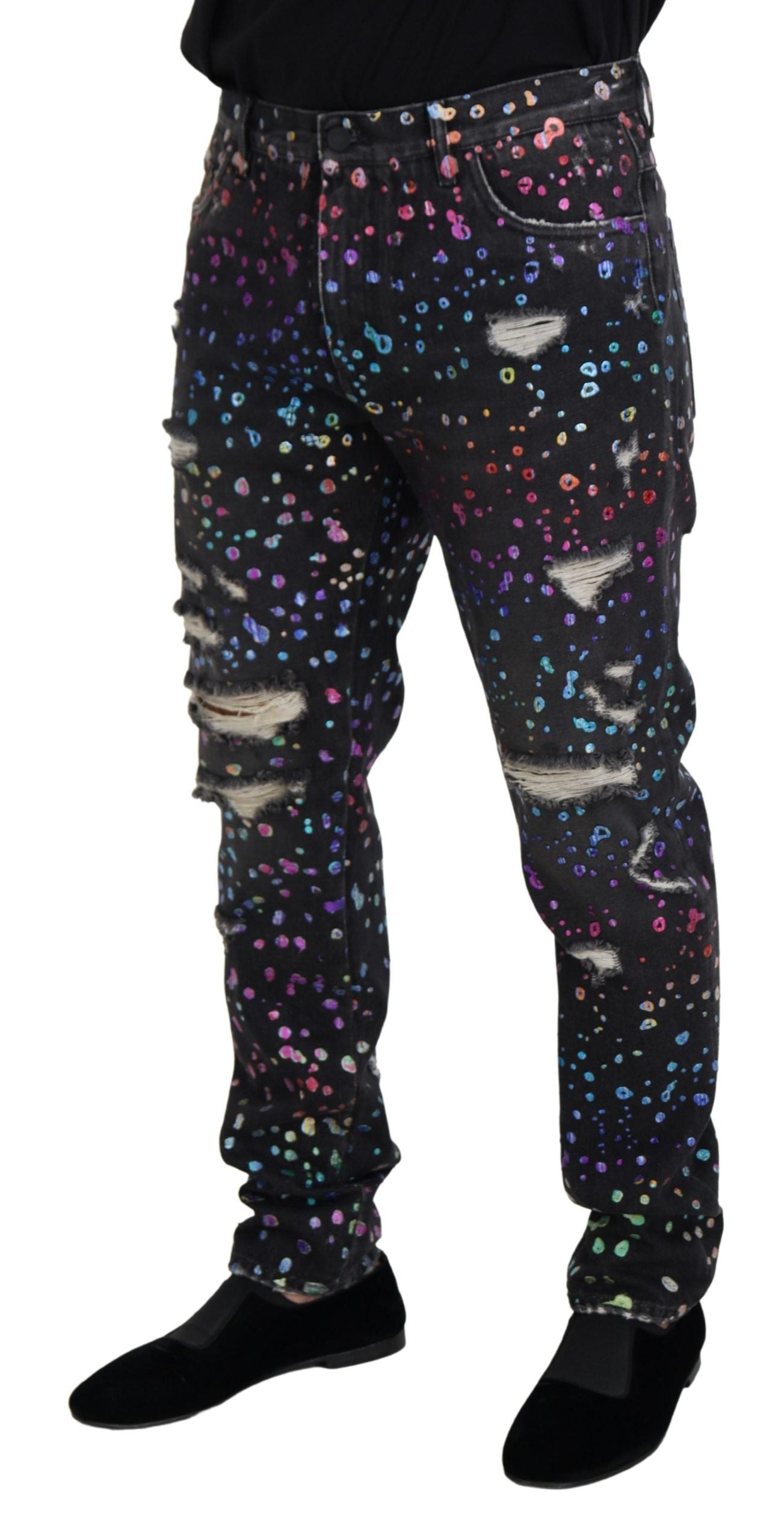 Dolce & Gabbana Schwarze Multicolor Print Zerrissene Denim Jeans