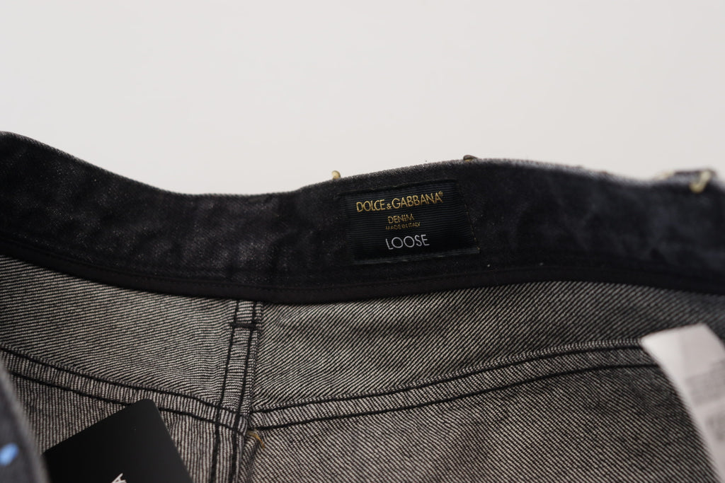 Dolce & Gabbana Schwarze Multicolor Print Zerrissene Denim Jeans