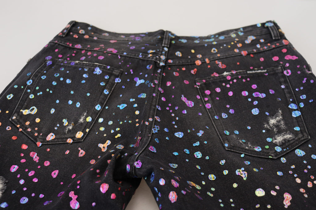 Dolce & Gabbana Schwarze Multicolor Print Zerrissene Denim Jeans