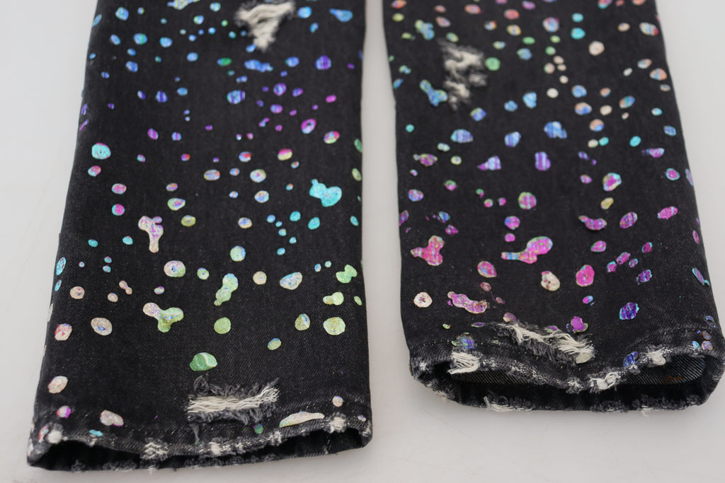 Dolce & Gabbana Schwarze Multicolor Print Zerrissene Denim Jeans