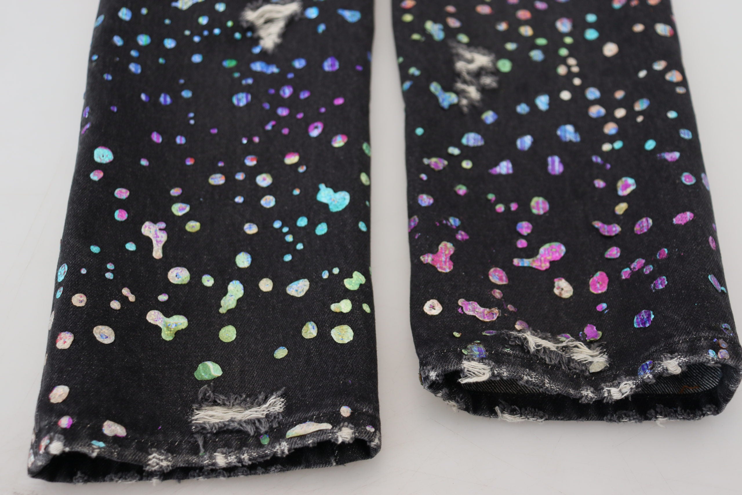 Dolce & Gabbana Schwarze Multicolor Print Zerrissene Denim Jeans
