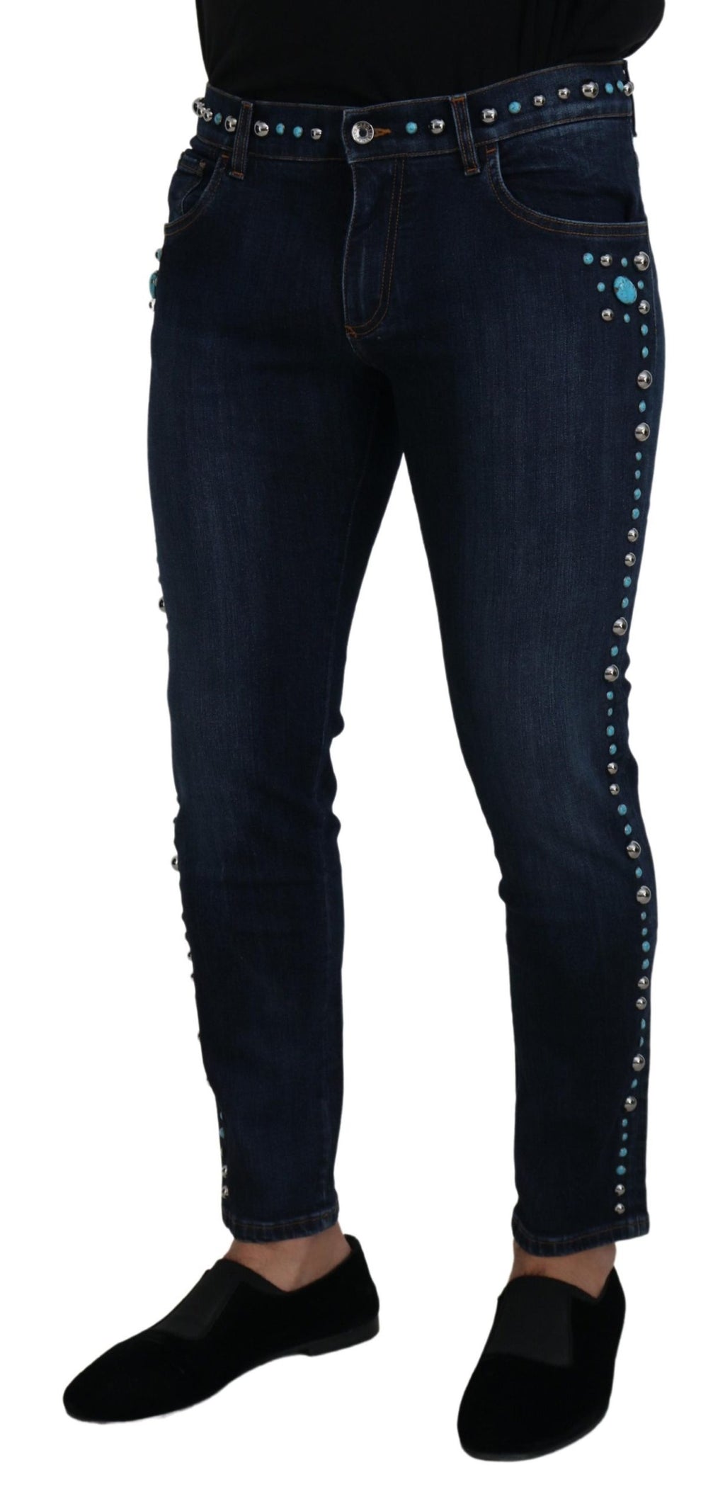 Dolce & Gabbana Blue Cotton Studded Low-Rise Denim Jeans