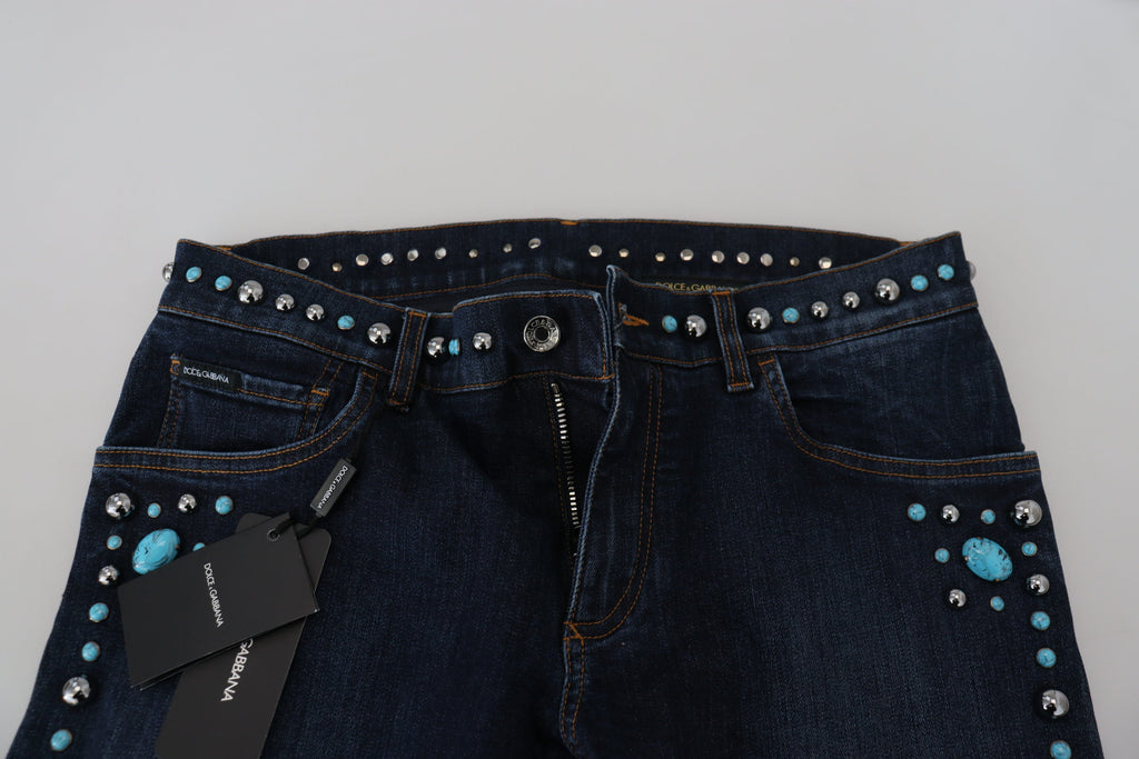 Dolce & Gabbana Blue Cotton Studded Low-Rise Denim Jeans
