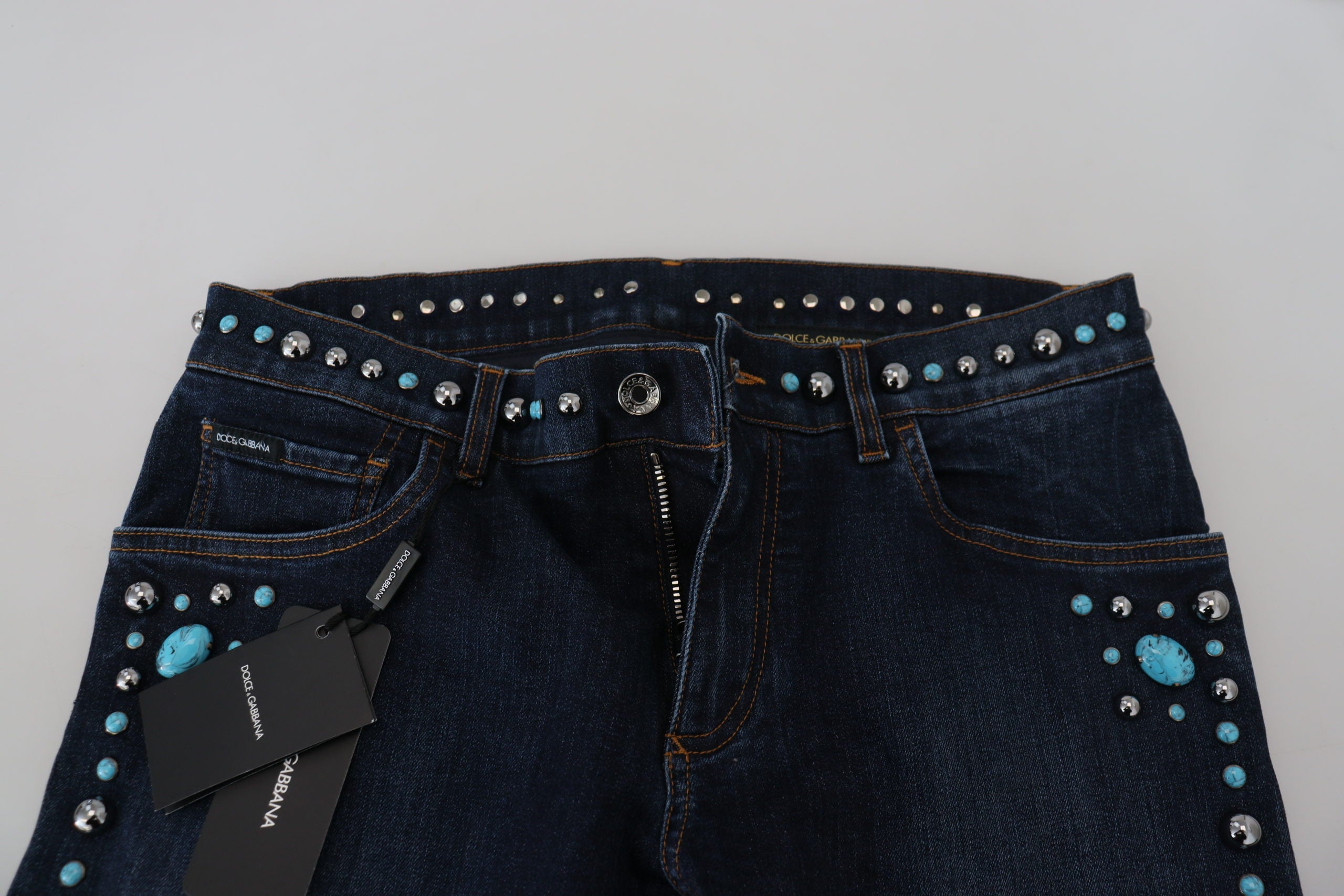 Dolce & Gabbana Blue Cotton Studded Low-Rise Denim Jeans