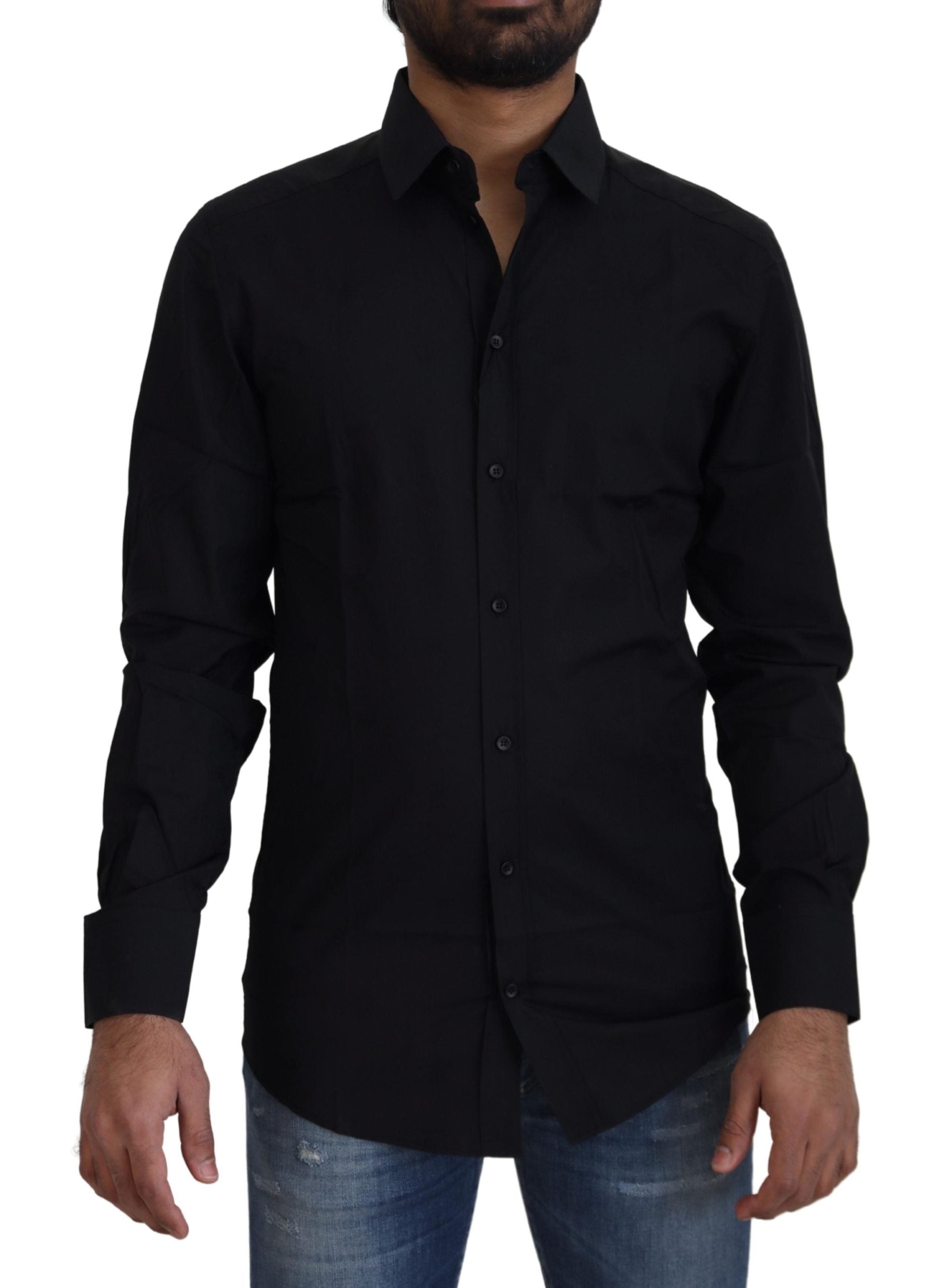 Dolce & Gabbana Black Cotton Shirt Slim Fit Formal Dress GOLD