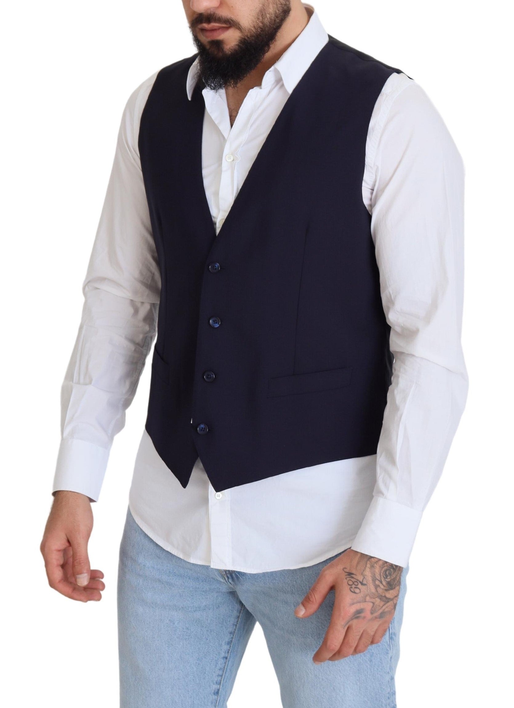 Dolce & Gabbana Dark Blue Stretch Wool Formal Vest