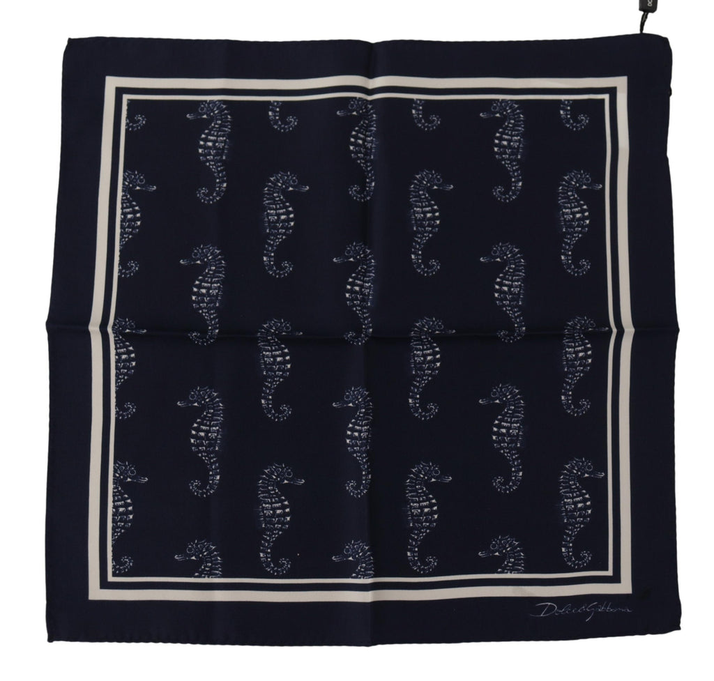 Dolce & Gabbana Blaues Seepferdchen DG Bedrucktes Quadratisches Taschentuch Schal