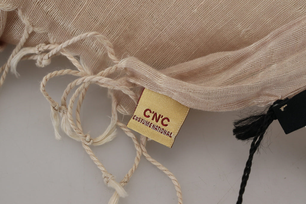 Costume National Beige Cotton Scarf Foulard Fringe Scarf