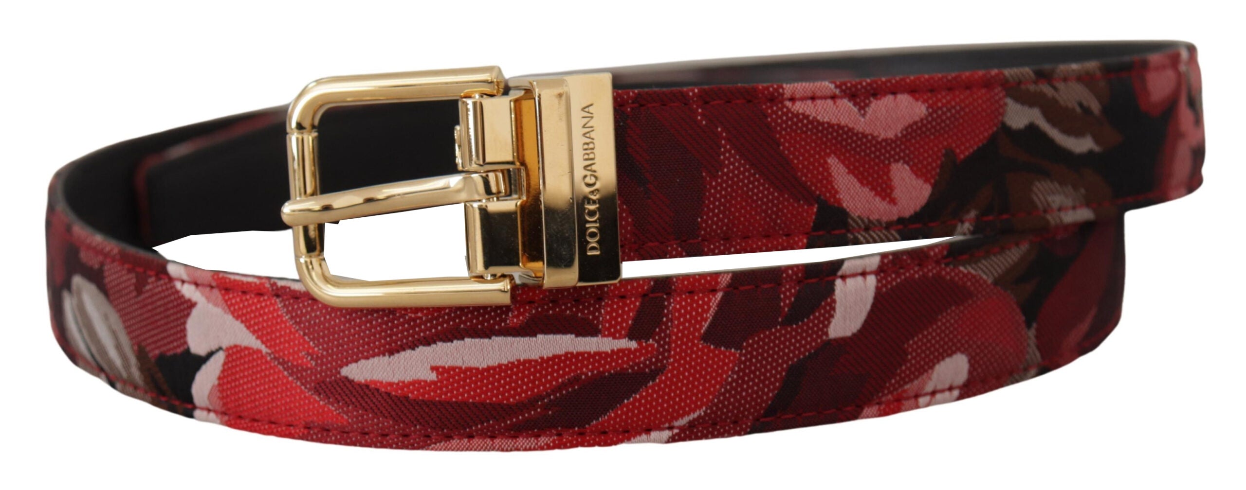 Dolce & Gabbana Red Jacquard Rose Leather Belt with Gold Metal Buckle