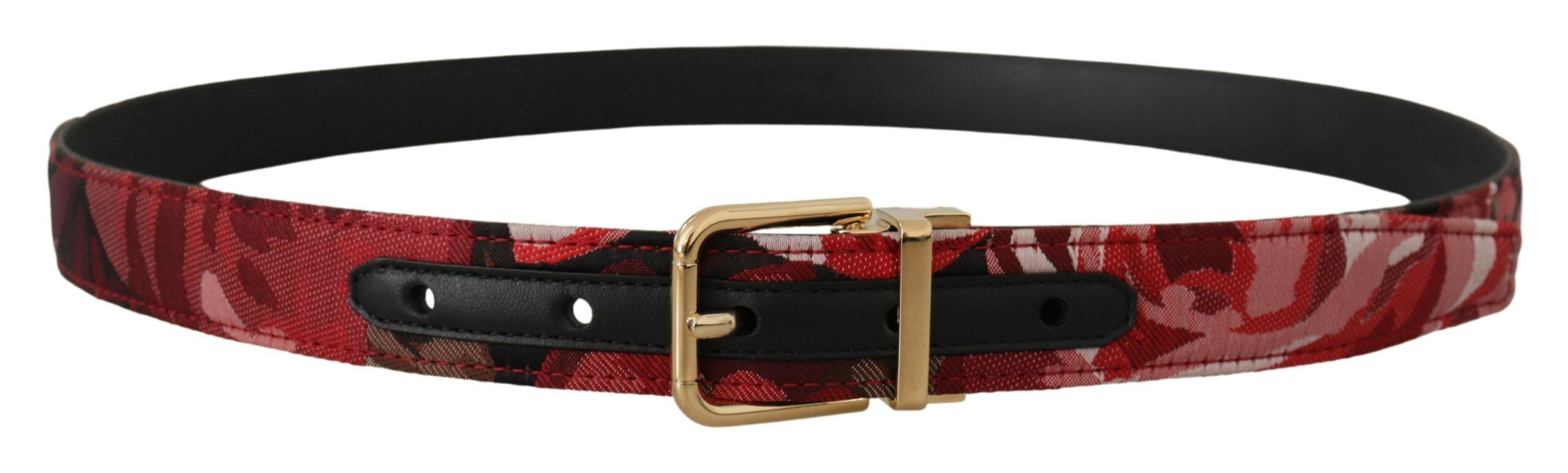 Dolce & Gabbana Red Jacquard Rose Leather Belt with Gold Metal Buckle