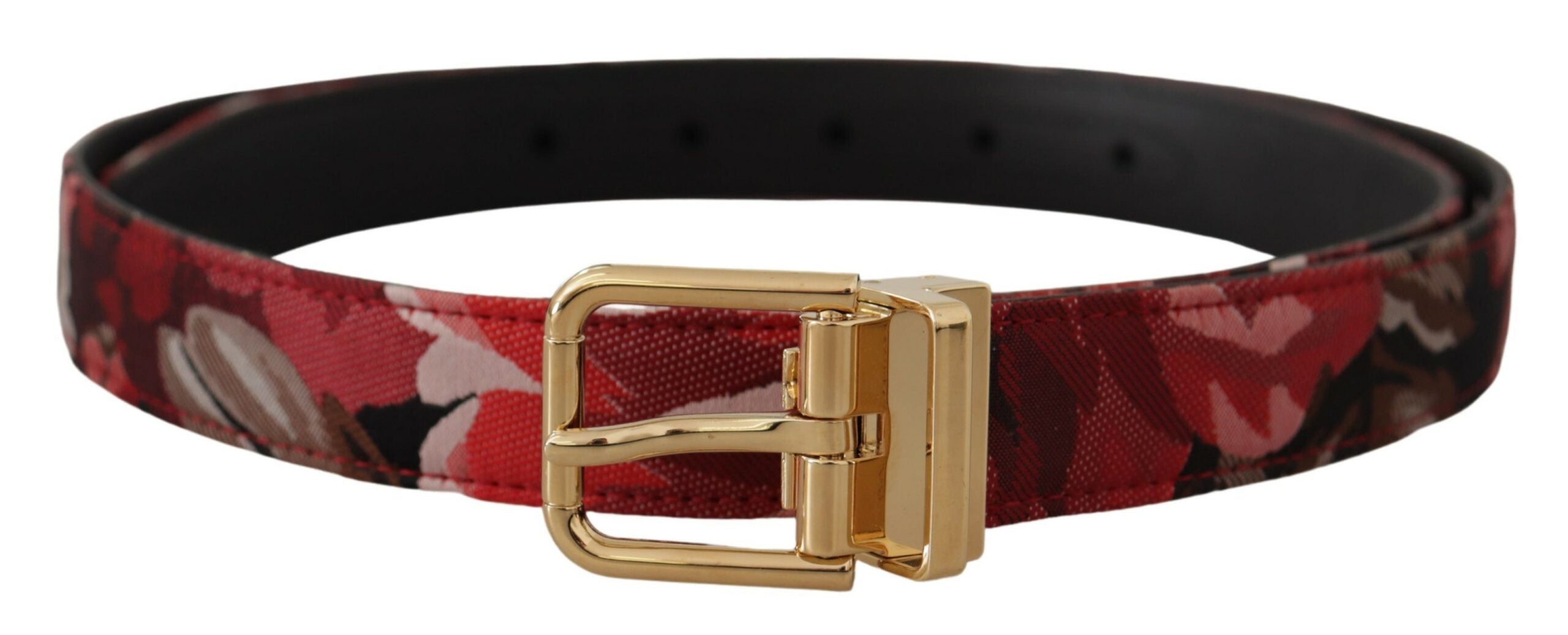 Dolce & Gabbana Red Jacquard Rose Leather Belt with Gold Metal Buckle