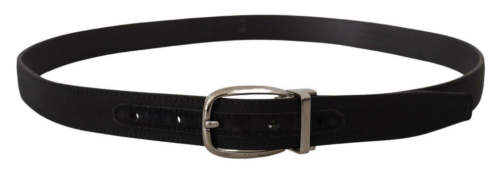 Dolce & Gabbana Schwarzer Grosgrain-Ledergürtel mit silberner Logoschnalle