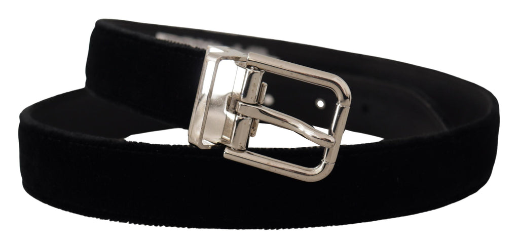 Dolce & Gabbana Black Velvet Silver-Tone Metal Logo Buckle Belt
