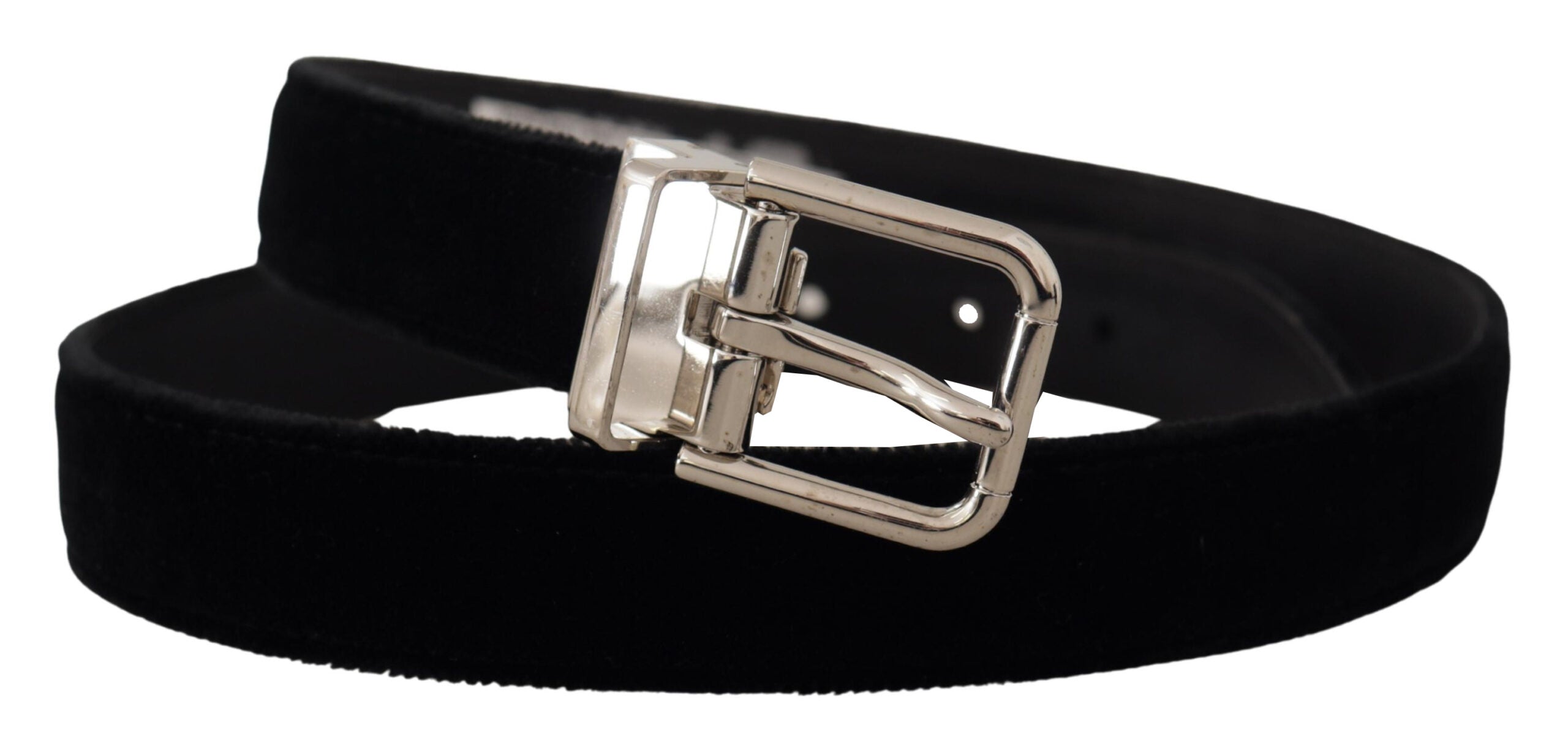 Dolce & Gabbana Black Velvet Silver-Tone Metal Logo Buckle Belt