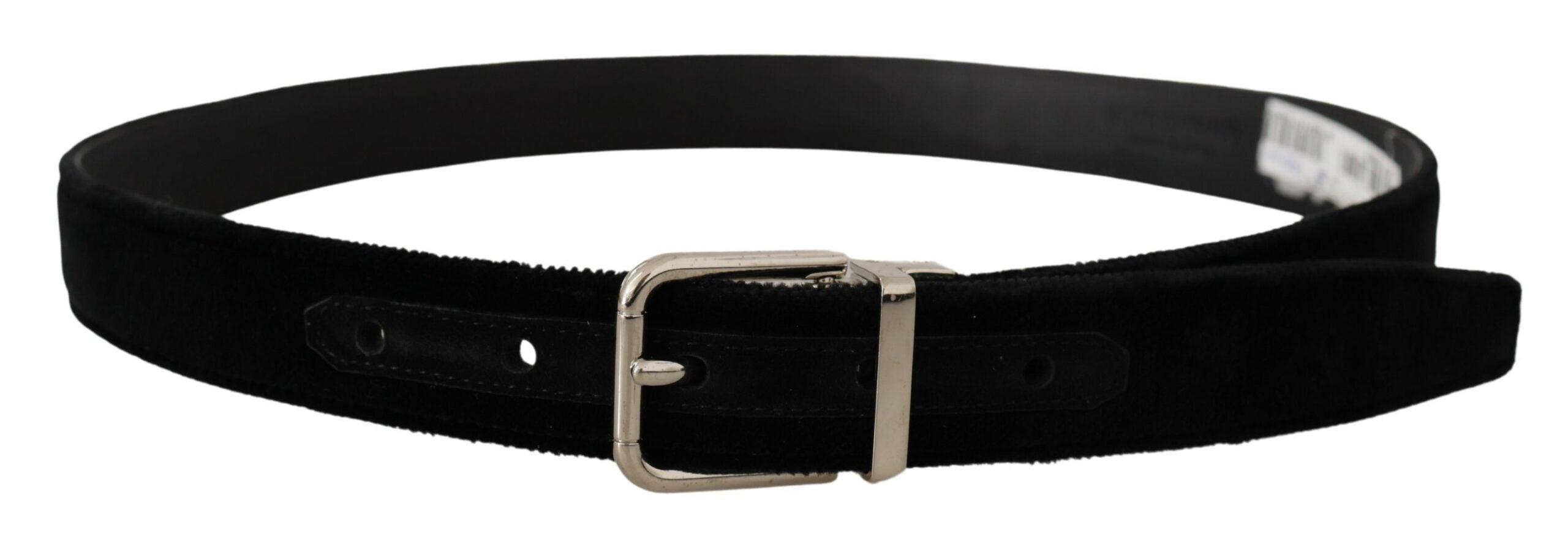 Dolce & Gabbana Black Velvet Silver-Tone Metal Logo Buckle Belt