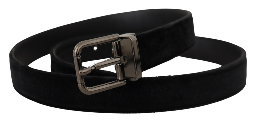 Dolce & Gabbana Black Velvet Silver-Tone Logo Metal Buckle Belt