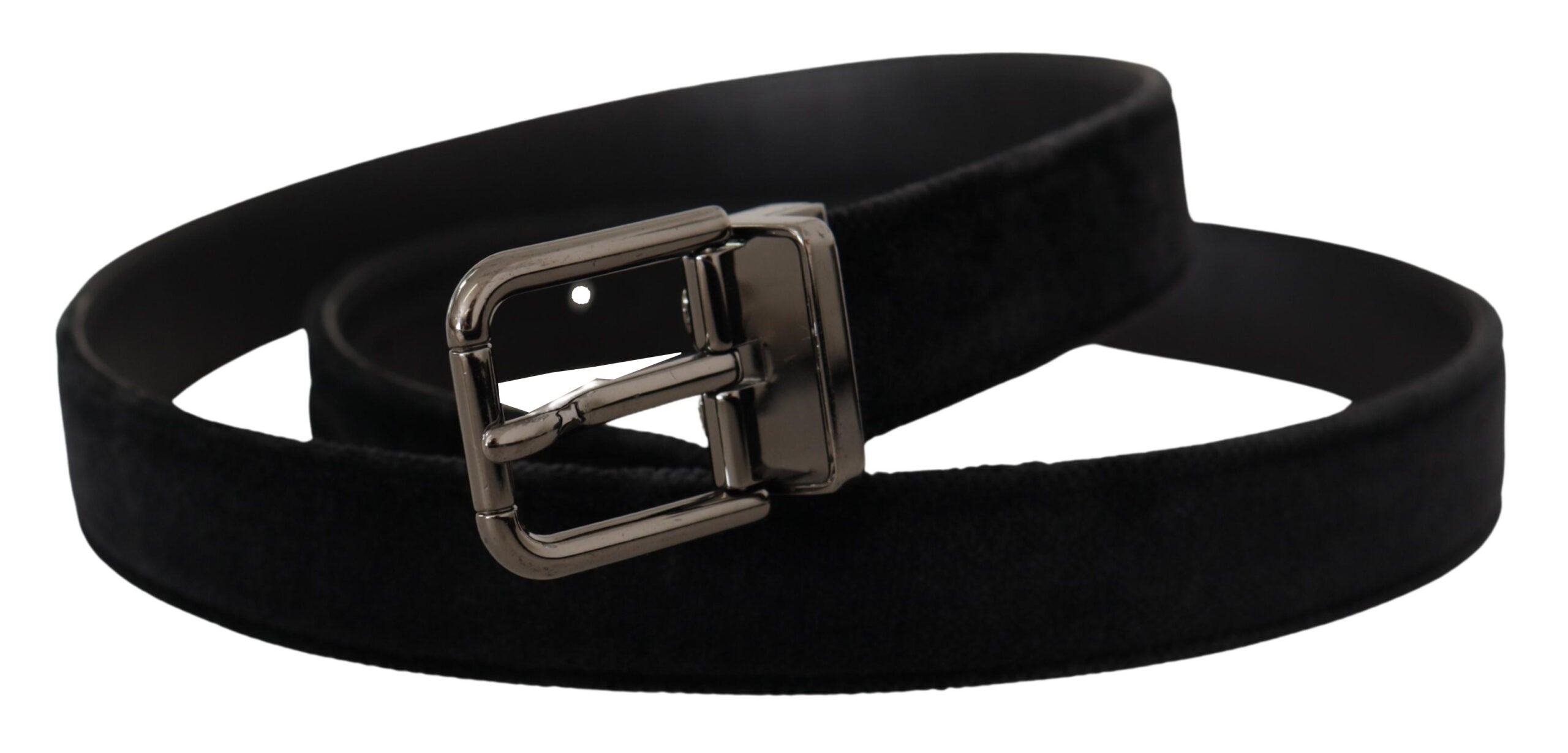 Dolce & Gabbana Black Velvet Silver-Tone Logo Metal Buckle Belt