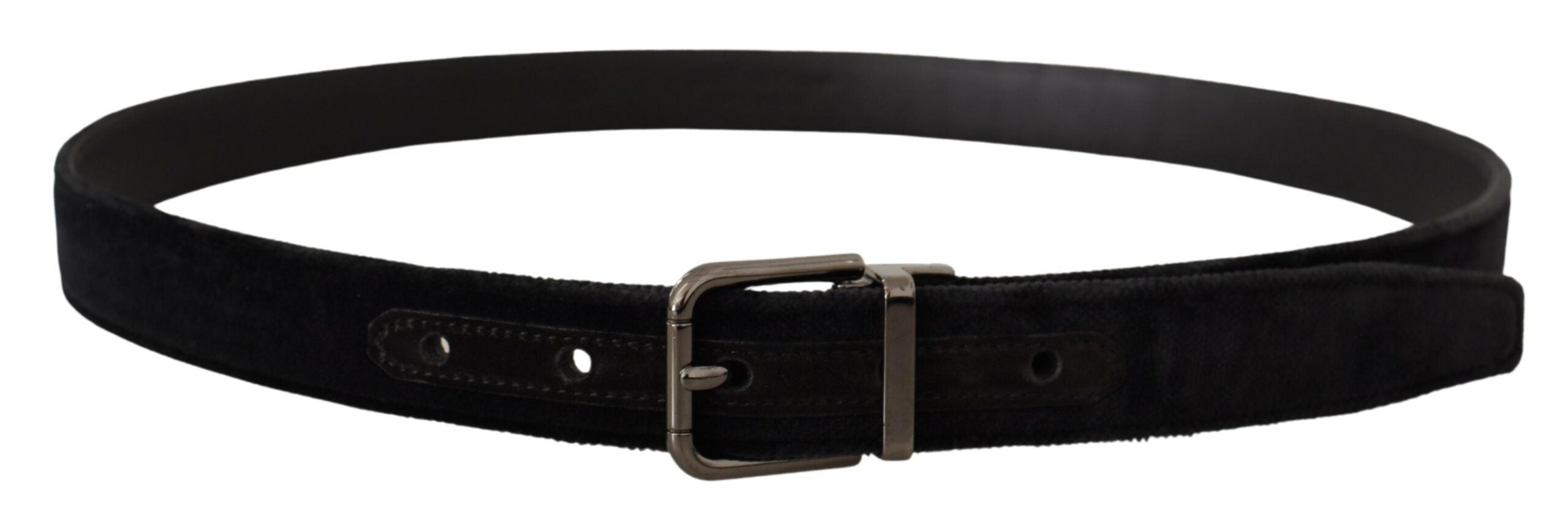 Dolce & Gabbana Black Velvet Silver-Tone Logo Metal Buckle Belt