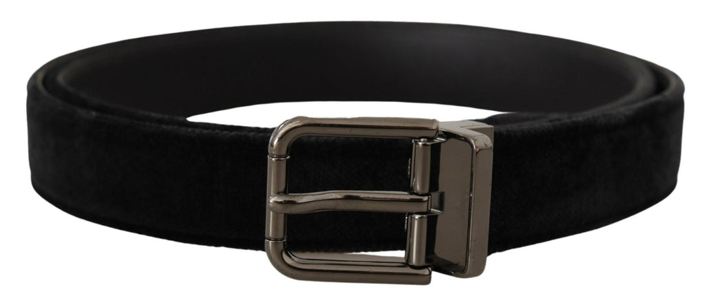 Dolce & Gabbana Black Velvet Silver-Tone Logo Metal Buckle Belt